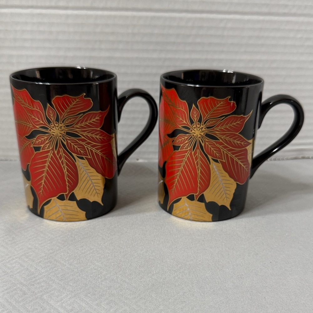 Fitz and Floyd Poinsettia Noir Mugs Two Fine Porcelain Black Red Gold Japan Vtg
